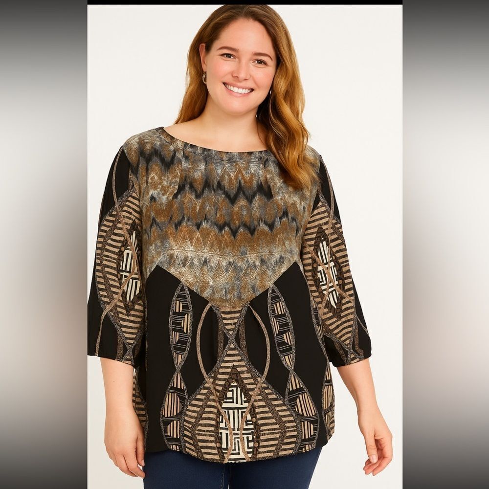 Fig & Flower Anthropologie Geometric Black and Tan Women's Top Size 2X